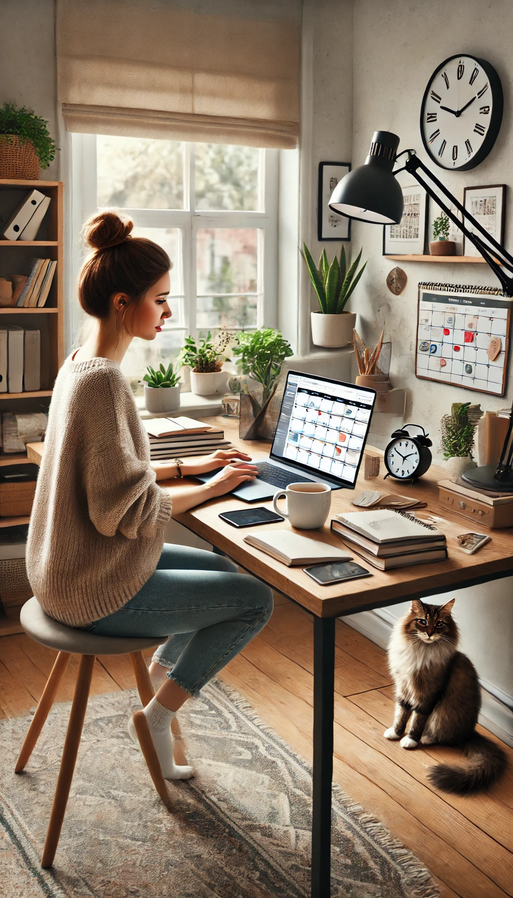 a woman sitting at a desk with a cat looking at a laptop